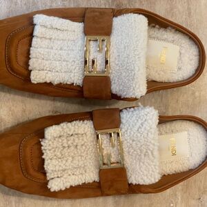 Fendi Tan and Cream Loafers with Gold Buckle